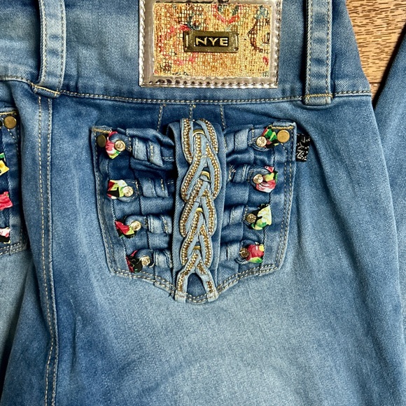 NYE • Size 14 • Denim Blue W/ Multi-Colors Braided • Gold/Diamond Studded •Jeans - Picture 11 of 12
